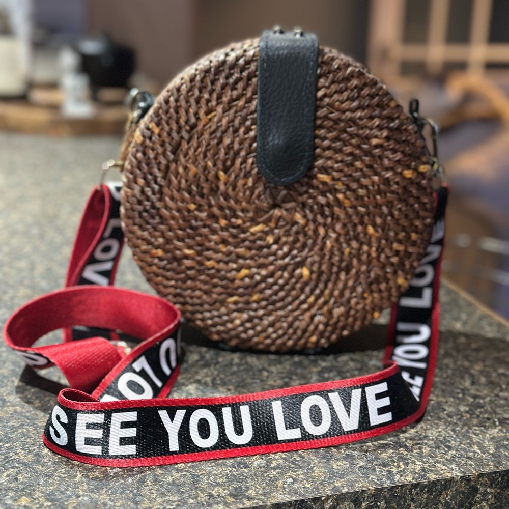 Round Woven Crossbody Bag with Red Strap